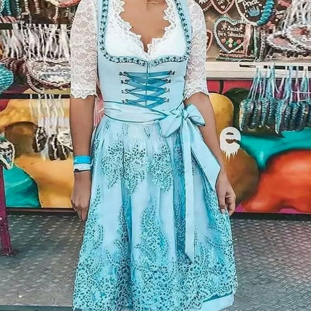 Damen Oktoberfest Dirndl Spitzen-Midi-Kleid mit Schnürung