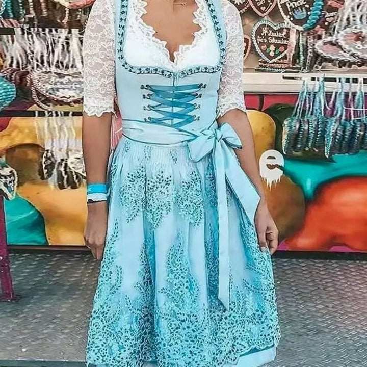 Damen Oktoberfest Dirndl Spitzen-Midi-Kleid mit Schnürung