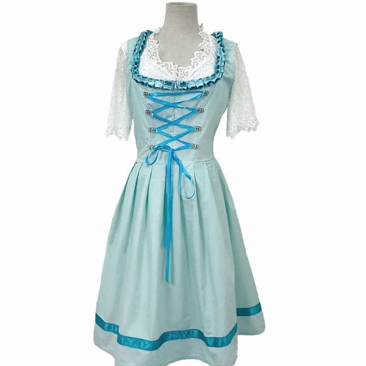 Damen Oktoberfest Dirndl Spitzen-Midi-Kleid mit Schnürung