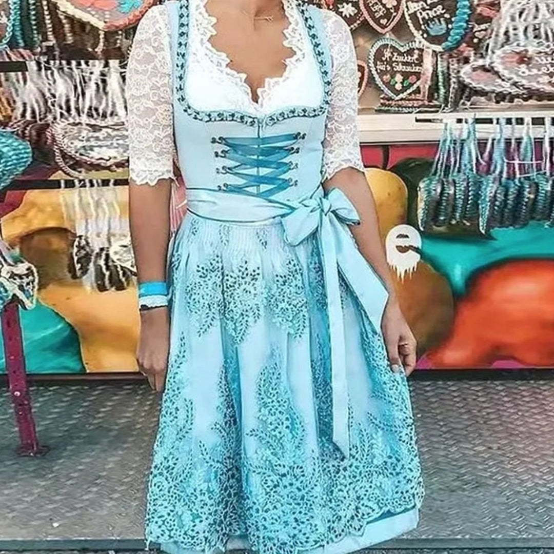 Damen Oktoberfest Dirndl Spitzen-Midi-Kleid mit Schnürung