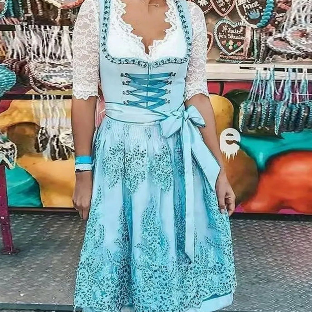 Damen Oktoberfest Dirndl Spitzen-Midi-Kleid mit Schnürung - Hellgrün