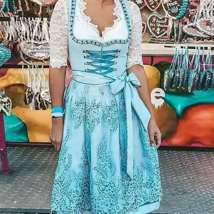 Damen Oktoberfest Dirndl Spitzen-Midi-Kleid mit Schnürung - Hellgrün