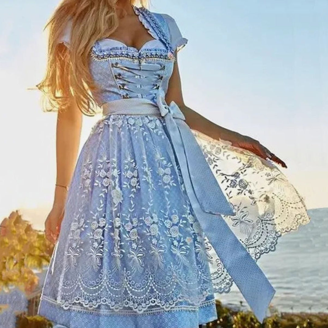 Damen Oktoberfest Dirndl Spitzen-Midi-Kleid mit Schnürung - Himmelblau