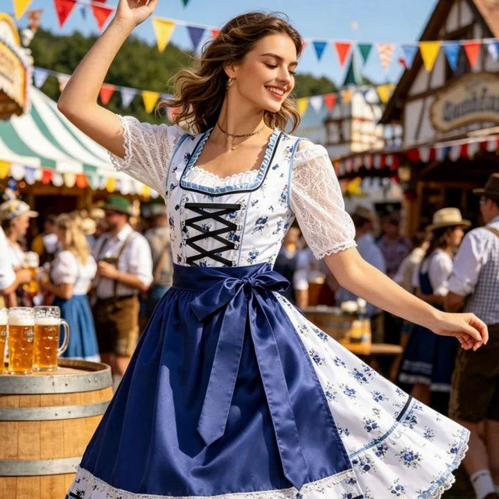 Damen Oktoberfest Dirndl Trachtenkleid Blau-Weiß Blumenmuster mit Schürze