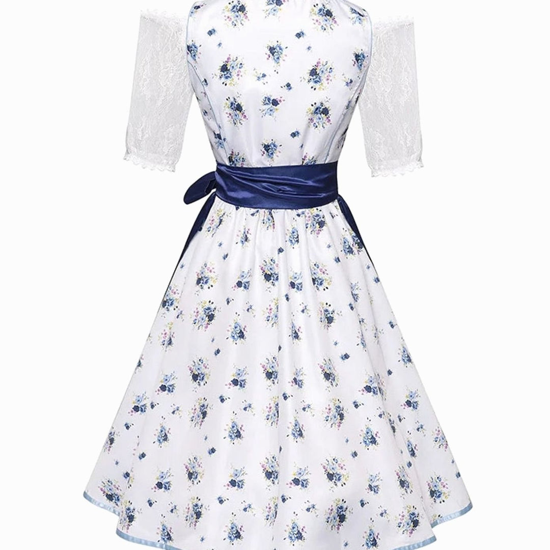 Damen Oktoberfest Dirndl Trachtenkleid Blau-Weiß Blumenmuster mit Schürze
