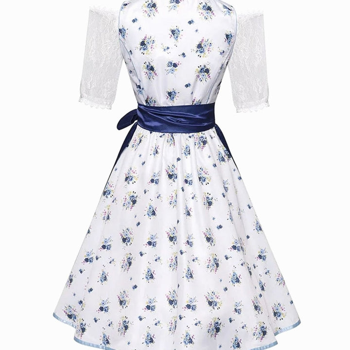 Damen Oktoberfest Dirndl Trachtenkleid Blau-Weiß Blumenmuster mit Schürze