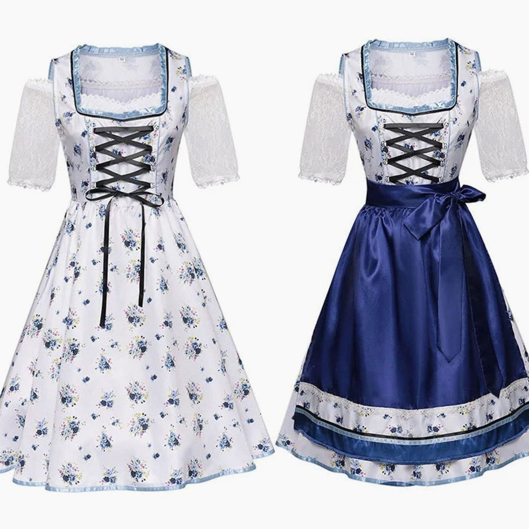 Damen Oktoberfest Dirndl Trachtenkleid Blau-Weiß Blumenmuster mit Schürze
