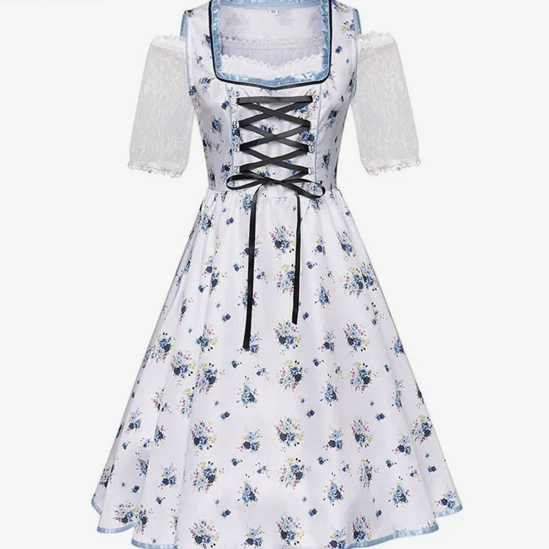Damen Oktoberfest Dirndl Trachtenkleid Blau-Weiß Blumenmuster mit Schürze