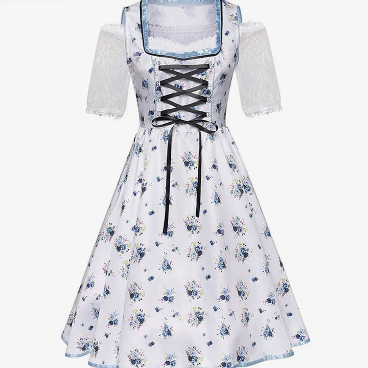 Damen Oktoberfest Dirndl Trachtenkleid Blau-Weiß Blumenmuster mit Schürze