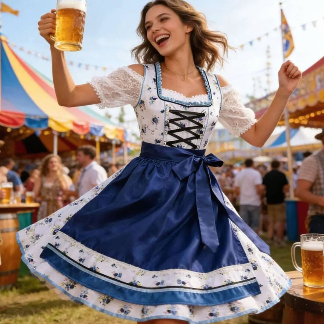 Damen Oktoberfest Dirndl Trachtenkleid Blau-Weiß Blumenmuster mit Schürze