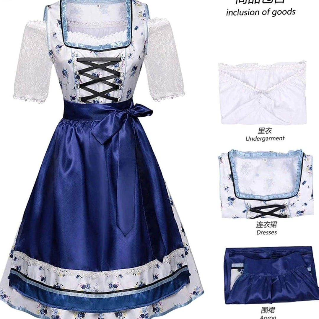 Damen Oktoberfest Dirndl Trachtenkleid Blau-Weiß Blumenmuster mit Schürze - Blau-Weiß