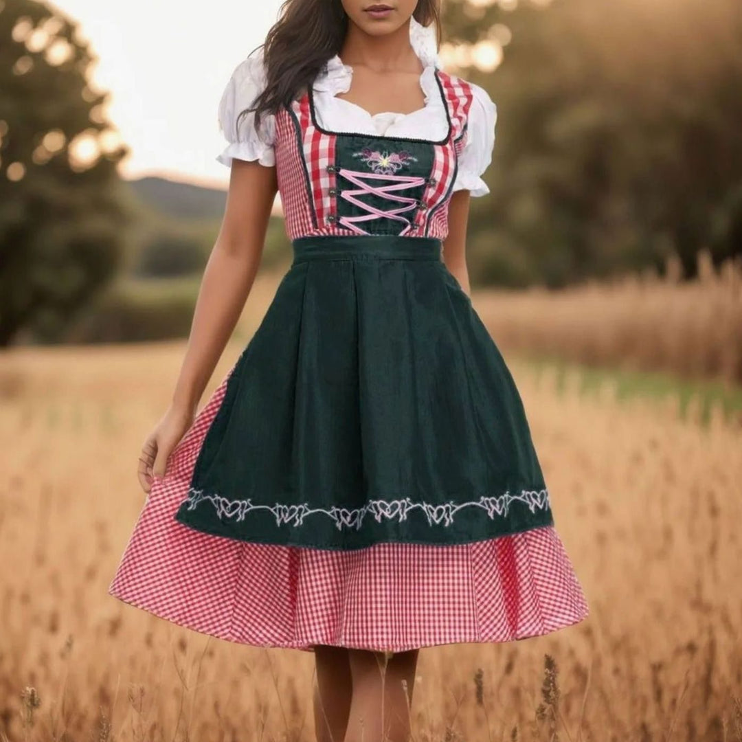Damen Oktoberfest Dirndlkleid Kariert mit Schürze Trachtenkleid - Grün