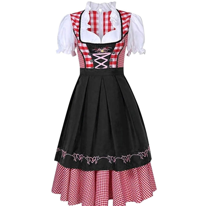 Damen Oktoberfest Dirndlkleid Kariert mit Schürze Trachtenkleid - Schwarz