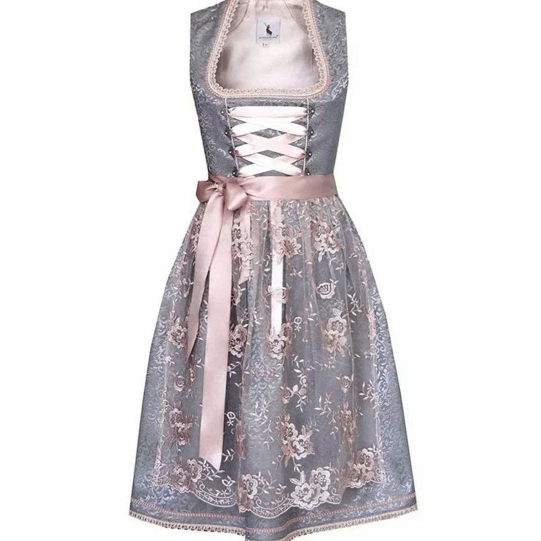 Damen Oktoberfest Dirndlkleid Trachtenkleid mit Spitzenschürze - Grau