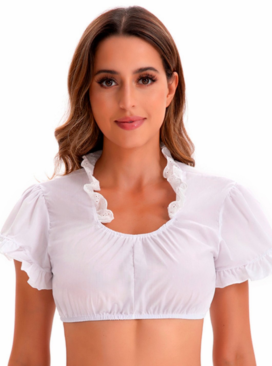 Damen Oktoberfest Spitzen-Crop-Bluse mit V-Ausschnitt Tracht - Weiß