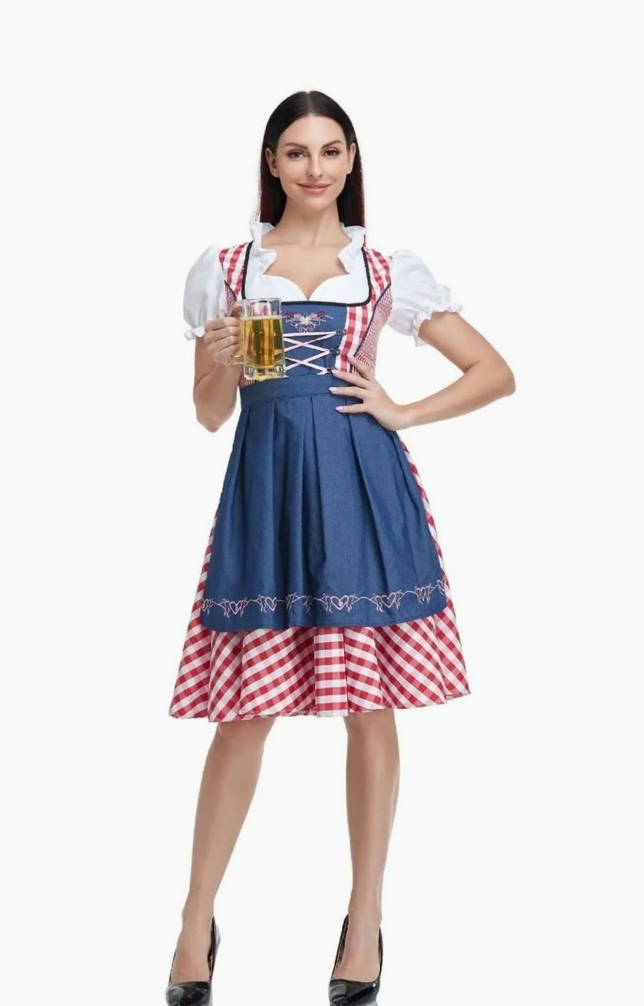 Damen Oktoberfest Trachtenkleid mit Schürze A-Linie Minikleid - Blau B