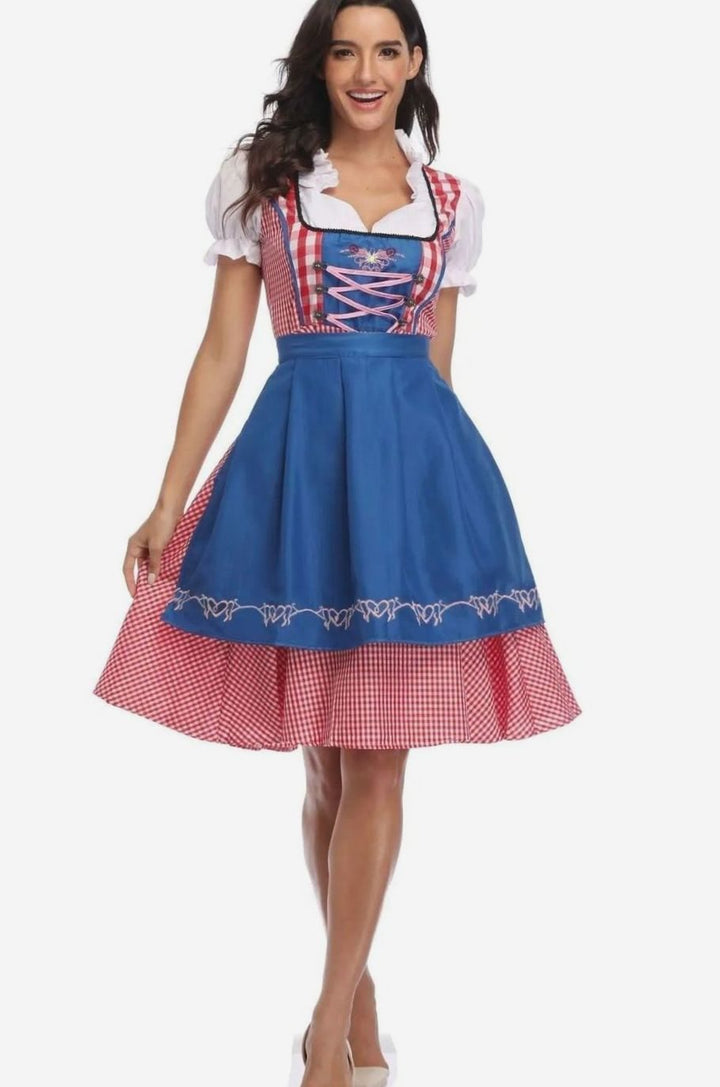 Damen Oktoberfest Trachtenkleid mit Schürze A-Linie Minikleid - Helles Blau