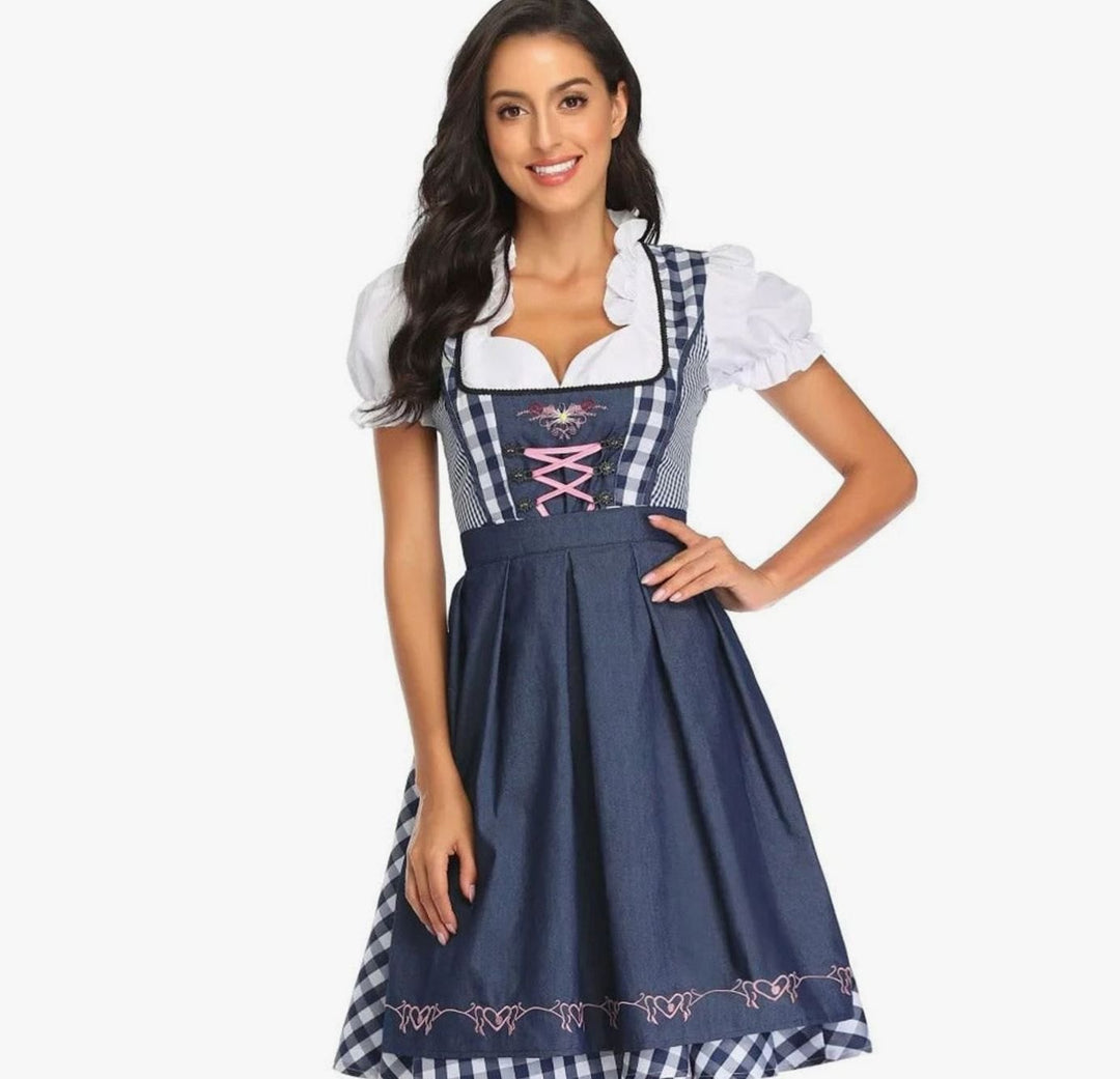 Damen Oktoberfest Trachtenkleid mit Schürze A-Linie Minikleid - Dunkelblau