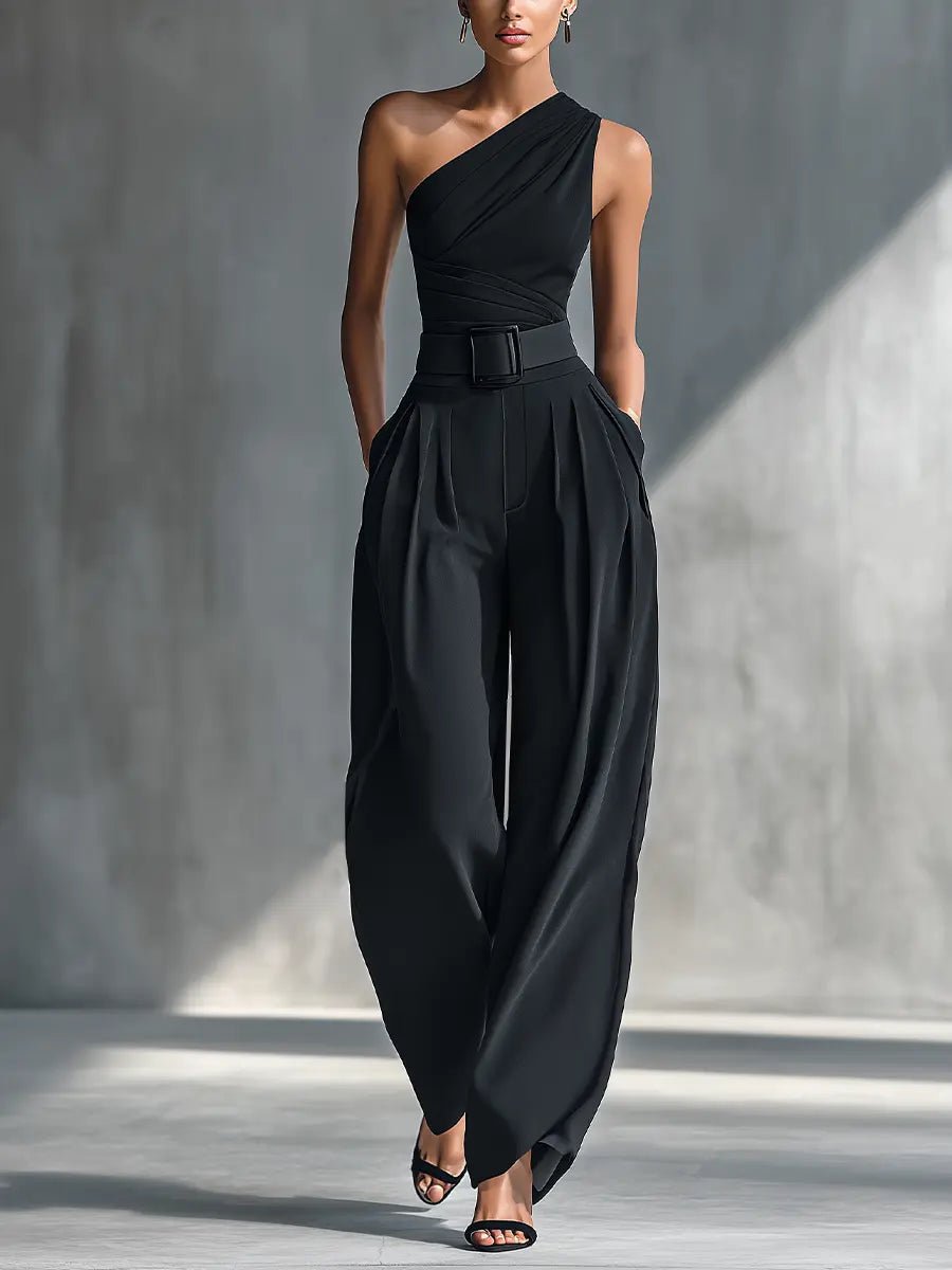 Damen One-Shoulder Strick-Top Weite-Hosen Set - Black