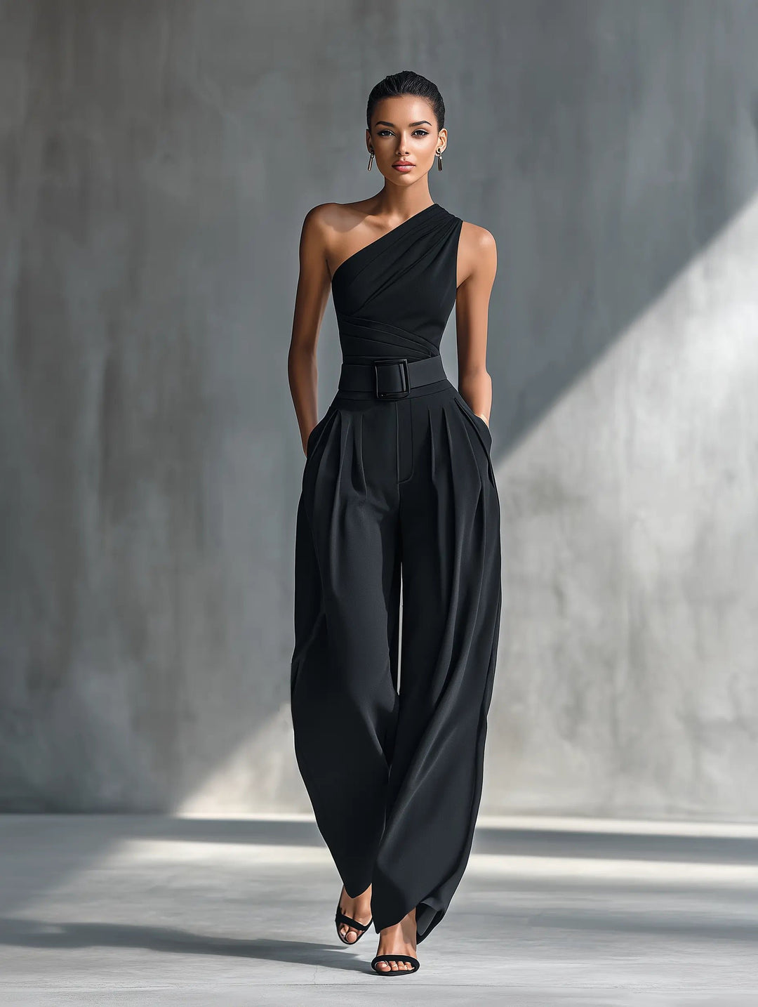 Damen One-Shoulder Strick-Top Weite-Hosen Set