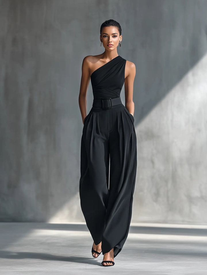 Damen One-Shoulder Strick-Top Weite-Hosen Set