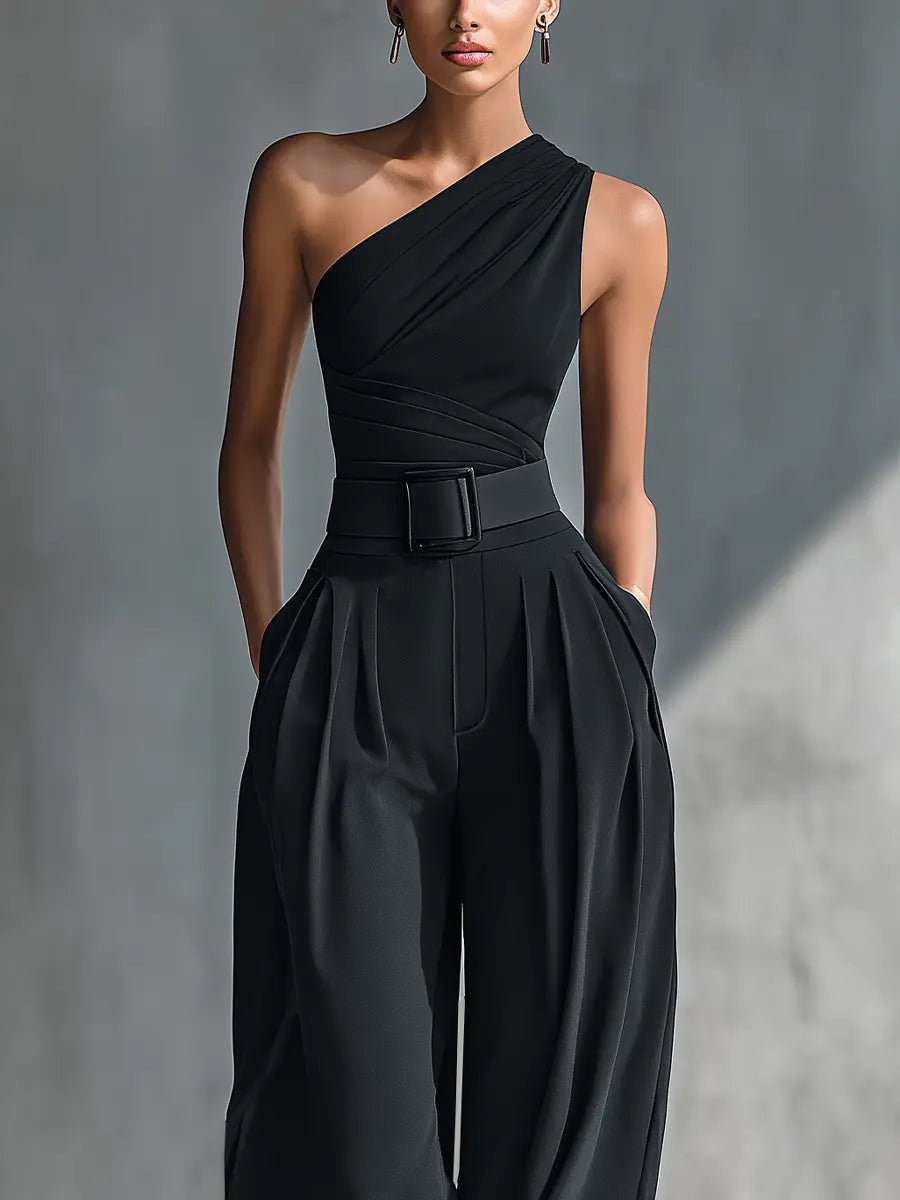 Damen One-Shoulder Strick-Top Weite-Hosen Set