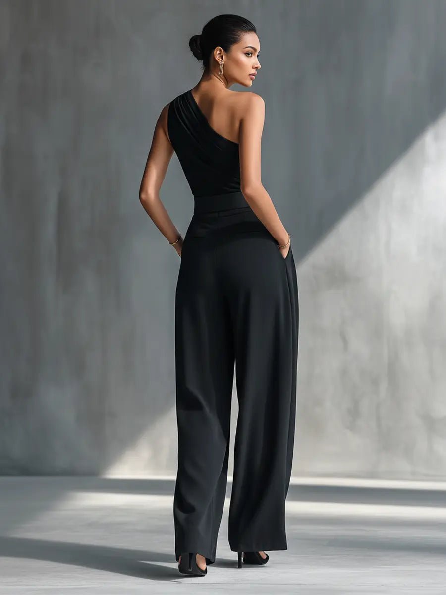 Damen One-Shoulder Strick-Top Weite-Hosen Set