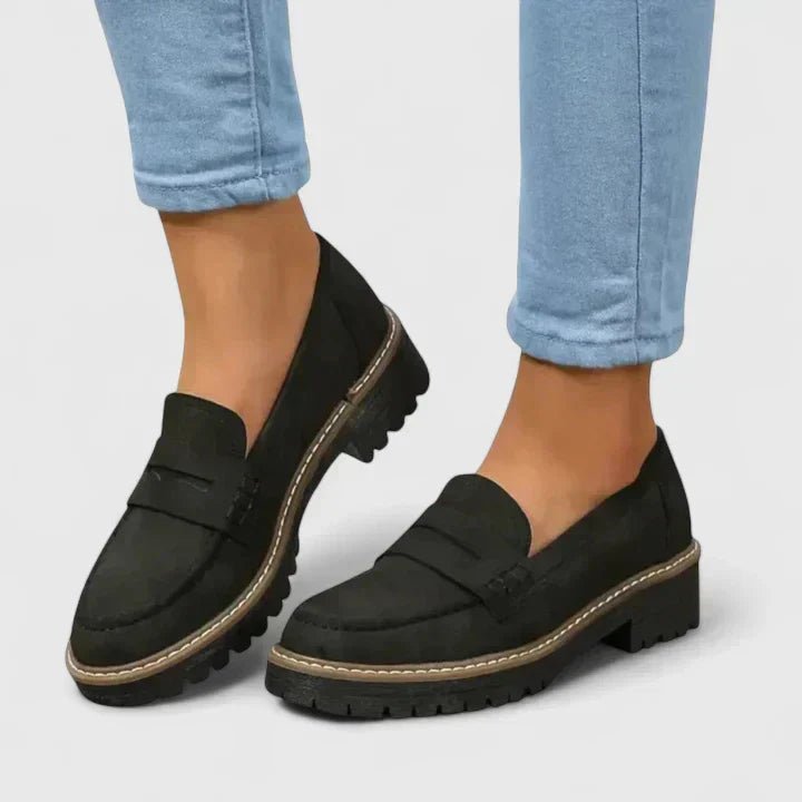 Damen Orthopädische Gepolsterte Slip-On Loafer mit Blockabsatz - Black