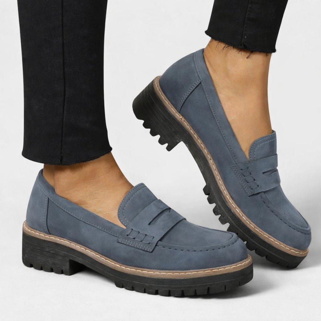 Damen Orthopädische Gepolsterte Slip-On Loafer mit Blockabsatz - Blue
