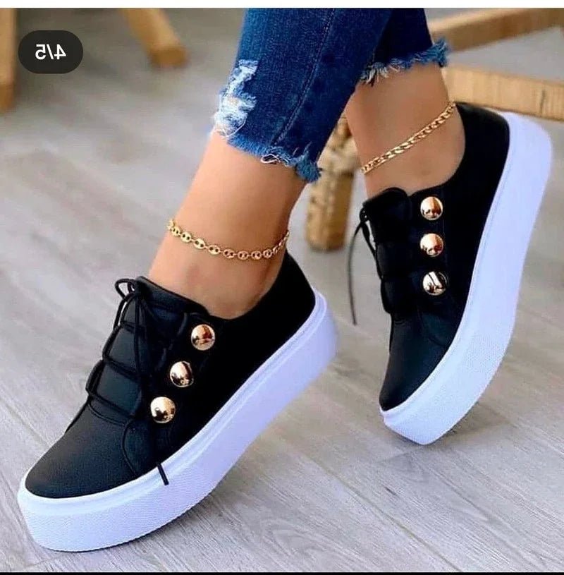 Damen Orthopädische Plateau-Sneaker mit Schnürung und Goldnieten - Black (Almost sold out!)
