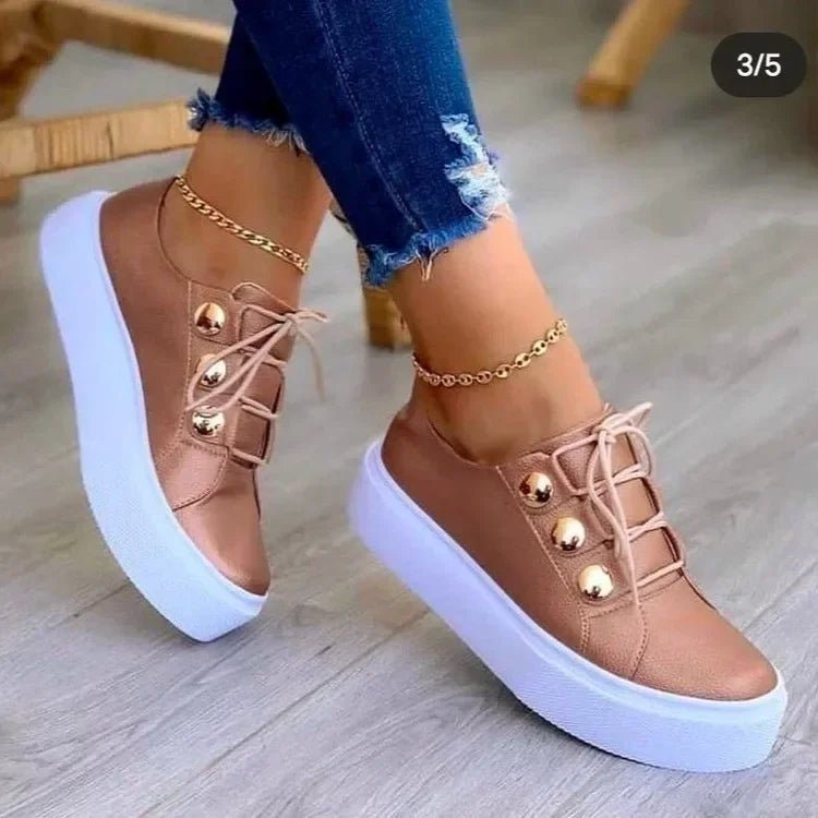 Damen Orthopädische Plateau-Sneaker mit Schnürung und Goldnieten - Rose Gold