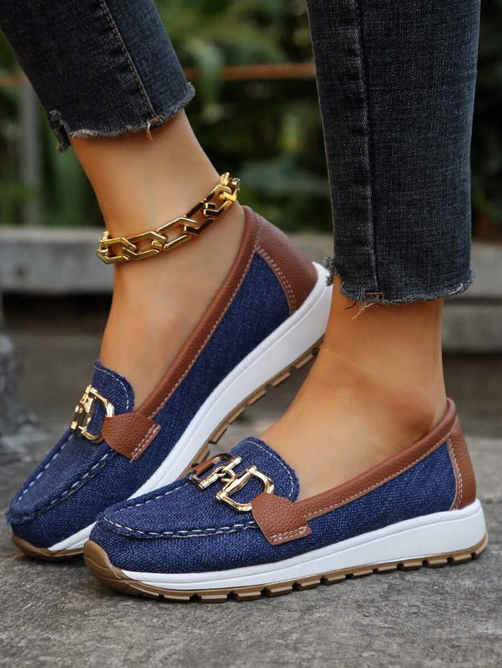 Damen Orthopädische Rutschfeste Slipper Loafer mit Golddetail - Navy