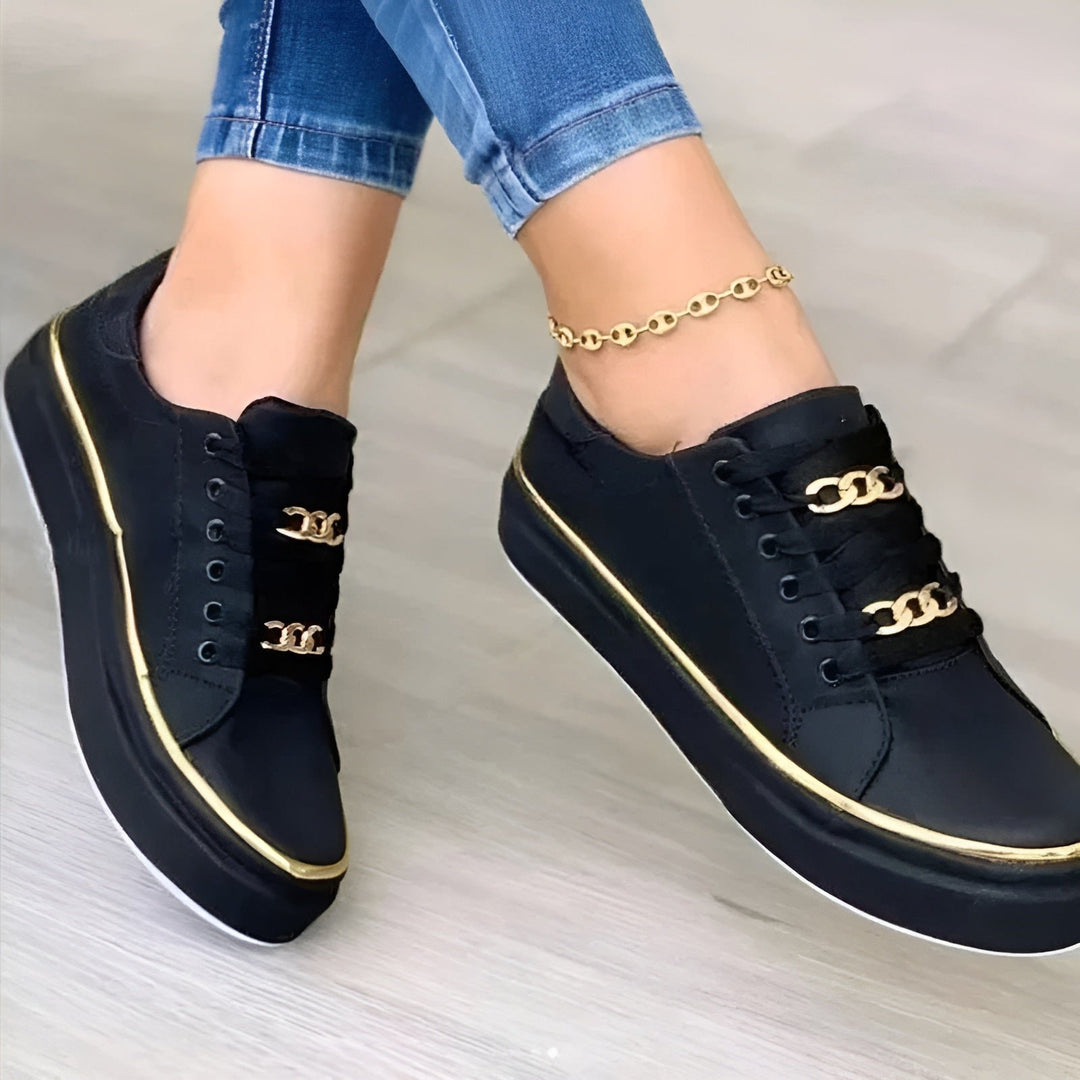 Damen Orthopädische Schnürsenkel-Sneaker Goldketten-Akzente - Black (almost sold out!)