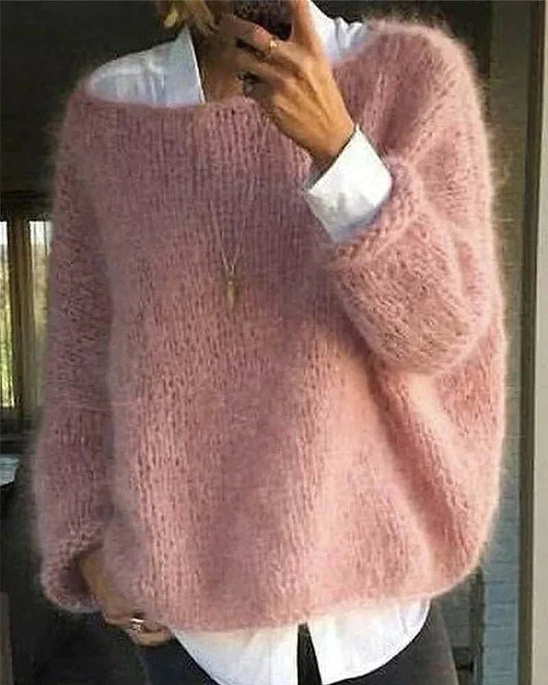 Damen Oversize Flauschiger Strickpullover Rundhals - Pink
