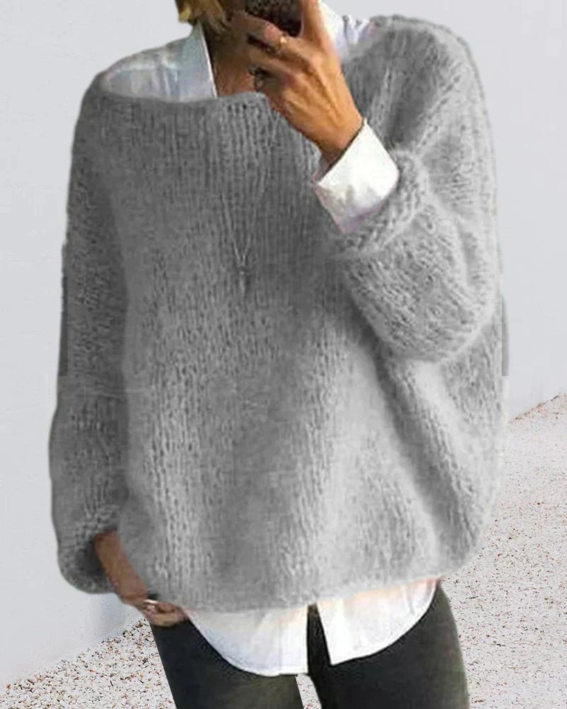 Damen Oversize Flauschiger Strickpullover Rundhals - Gray