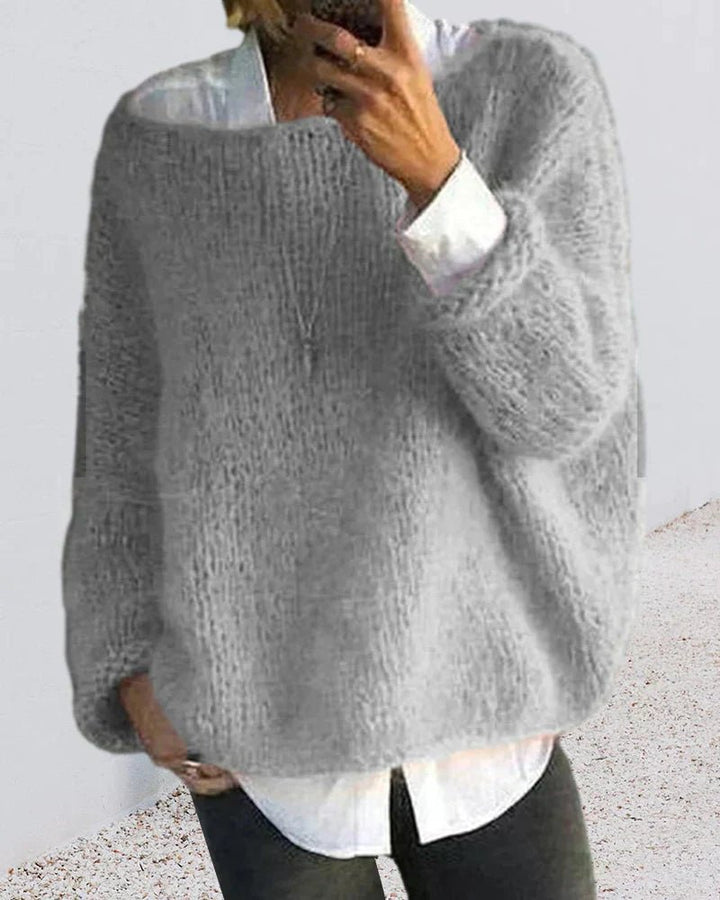 Damen Oversize Flauschiger Strickpullover Rundhals - Gray