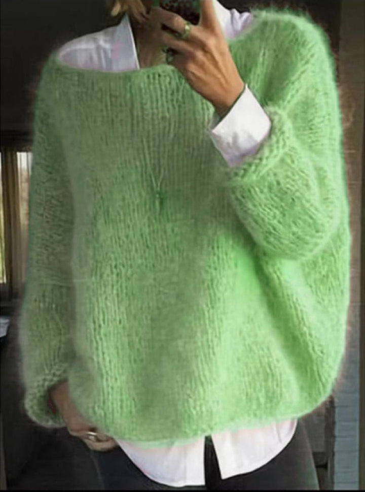 Damen Oversize Flauschiger Strickpullover Rundhals - Green