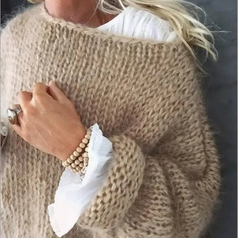 Damen Oversize Flauschiger Strickpullover Rundhals - Khaki