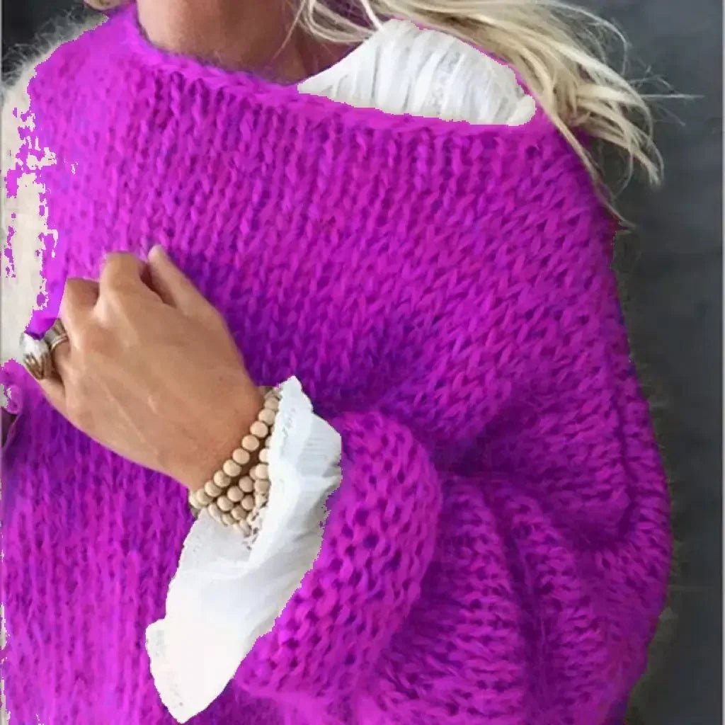 Damen Oversize Flauschiger Strickpullover Rundhals - Purple