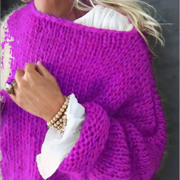 Damen Oversize Flauschiger Strickpullover Rundhals - Purple