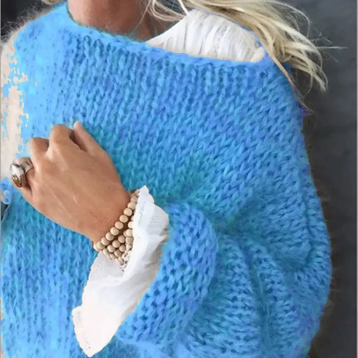 Damen Oversize Flauschiger Strickpullover Rundhals - Blue