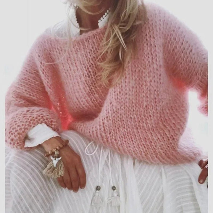 Damen Oversize Flauschiger Strickpullover Rundhals