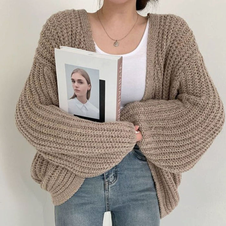 Damen Oversize Grobstrick-Cardigan offener Vorderseite Einheitsgröße - Khaki