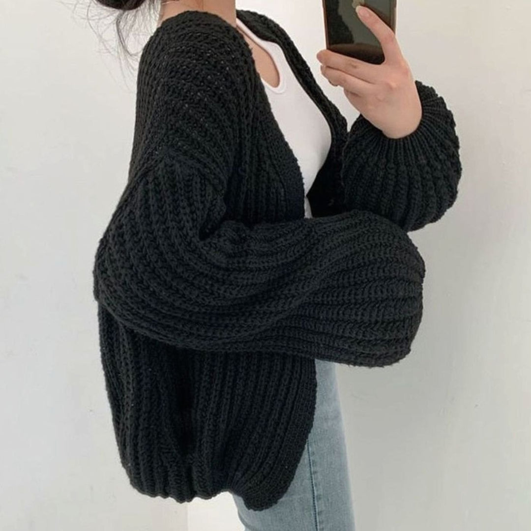 Damen Oversize Grobstrick-Cardigan offener Vorderseite Einheitsgröße - Schwarz