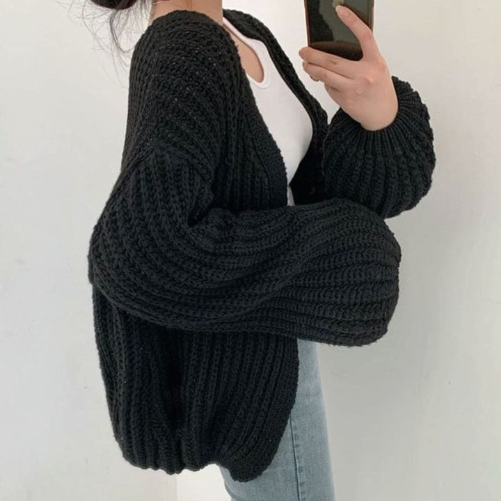 Damen Oversize Grobstrick-Cardigan offener Vorderseite Einheitsgröße - Schwarz