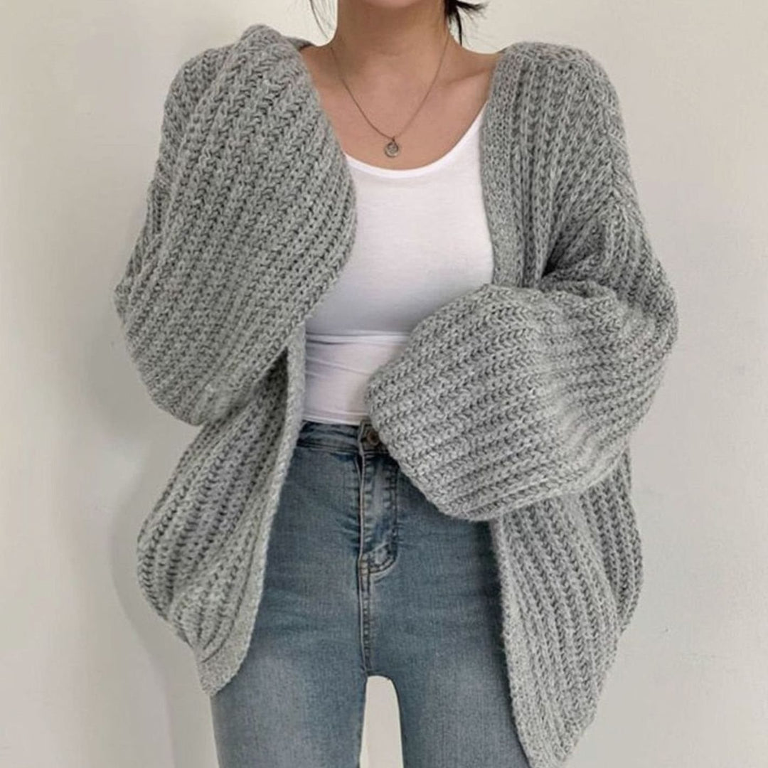 Damen Oversize Grobstrick-Cardigan offener Vorderseite Einheitsgröße - Grau