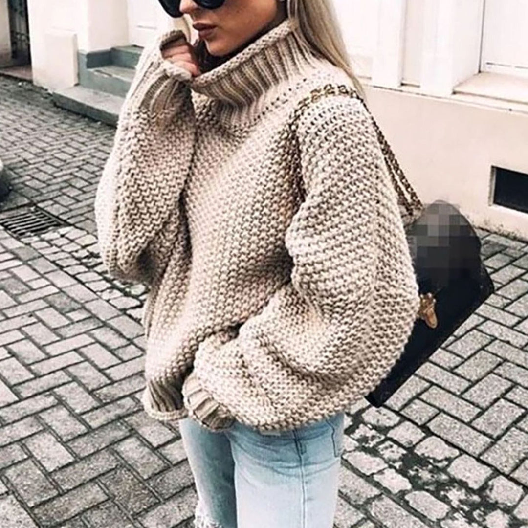 Damen Oversize Grobstrick-Pullover mit Rollkragen für den Winter - Khaki