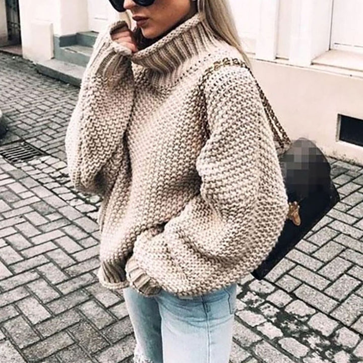 Damen Oversize Grobstrick-Pullover mit Rollkragen für den Winter - Khaki