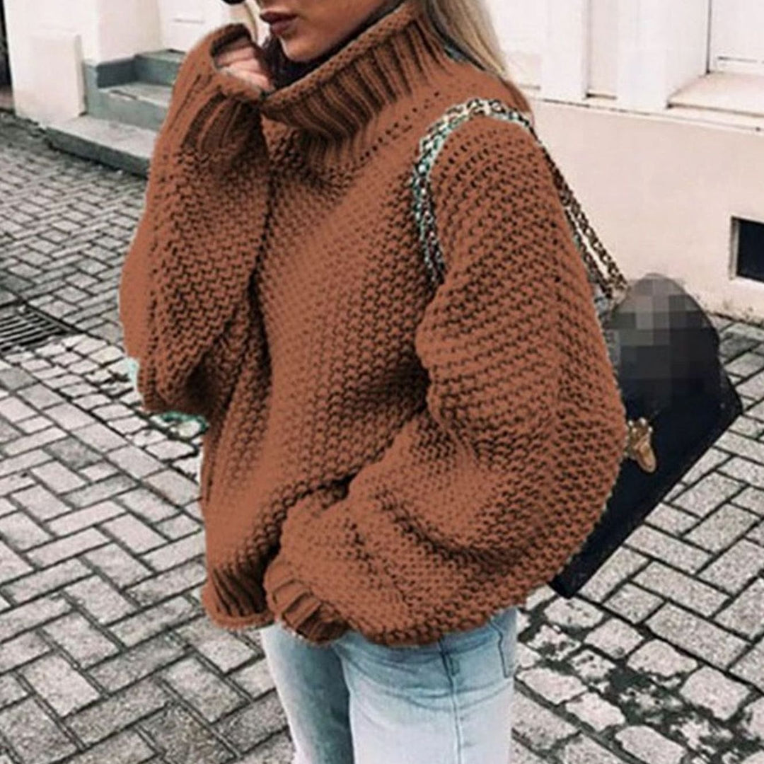 Damen Oversize Grobstrick-Pullover mit Rollkragen für den Winter - Braun