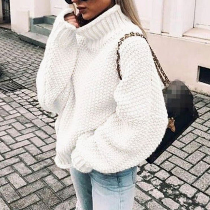 Damen Oversize Grobstrick-Pullover mit Rollkragen für den Winter - Weiß